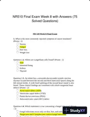 NR510 Final Exam Week 8 with Answers (75 Solved Questions)