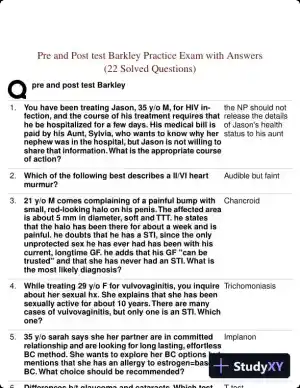 Pre and Post test Barkley Practice Exam with Answers (22 Solved Questions)