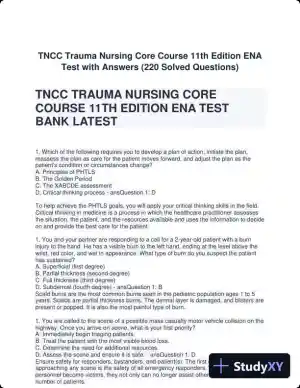 TNCC Trauma Nursing Core Course 11th Edition ENA Test with Answers (220 Solved Questions)