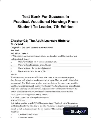 Test Bank For Success In Practical/Vocational Nursing: From Student To Leader, 7th Edition