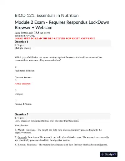 BIOD121 Nutrition Module 2 Exam With Answers (29 Solved Questions) - Page 1 preview image