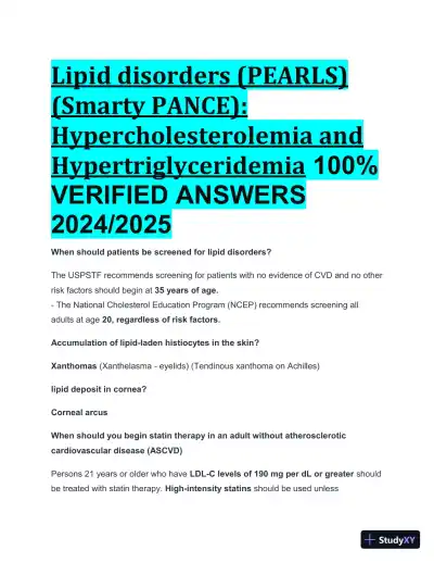 2024-2025 Lipid Disorders (PEARLS) (Smarty PANCE): Hypercholesterolemia and Hypertriglyceridemia with Answers (29 Solved Questions) - Page 1 preview image