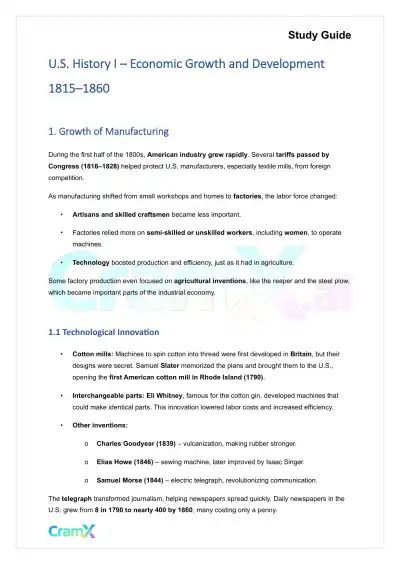 U.S. History I - Economic Growth and Development 1815–1860 - Page 1 preview image