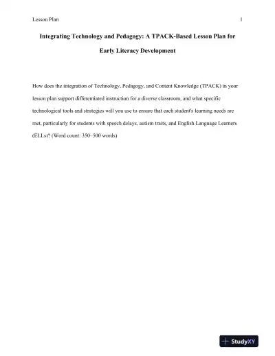 Integrating Technology and Pedagogy: A TPACK-Based Lesson Plan for Early Literacy Development - Page 1 preview image