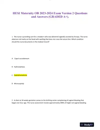2023-2024 HESI Maternity OB Test Question Version 2 With Answers (49 Solved Questions) - Page 1 preview image