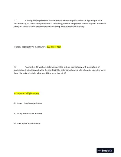 2023-2024 HESI Maternity OB Test Question Version 2 With Answers (49 Solved Questions) - Page 9 preview image