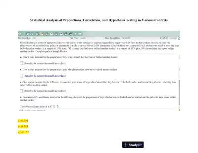 Statistical Analysis of Proportions, Correlation, and Hypothesis Testing in Various Contexts - Page 1 preview image