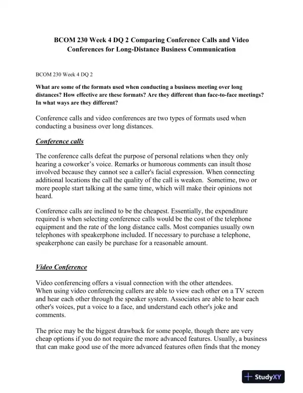BCOM 230 Week 4 DQ 2 Comparing Conference Calls and Video Conferences for Long-Distance Business Communication - Page 1 preview image