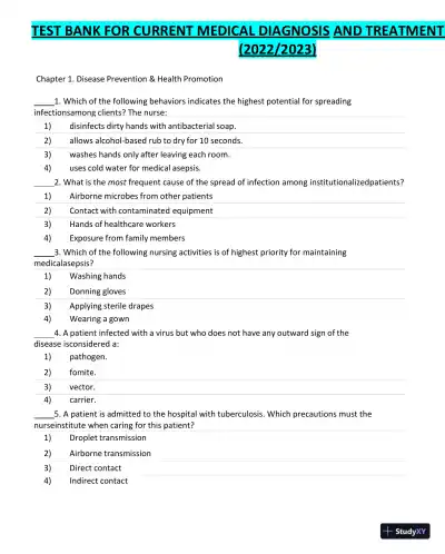 Test Bank for Current Medical Diagnosis and Treatment 2023 (Ie), 62nd Edition (Chapters 27) - Page 1 preview image