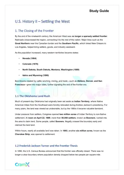 U.S. History II - Settling the West - Page 1 preview image