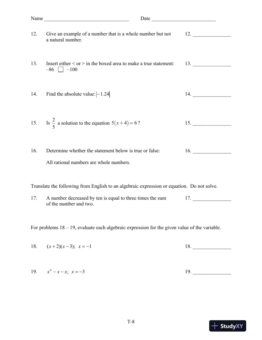 Test Bank for Introductory Algebra for College Students, 6th Edition, page 11
