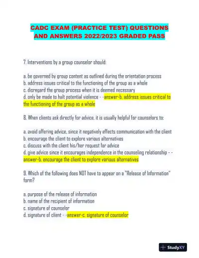 2022-2023 CADC Pharmacology Practice Exam With Answers (80 Solved Questions) - Page 1 preview image