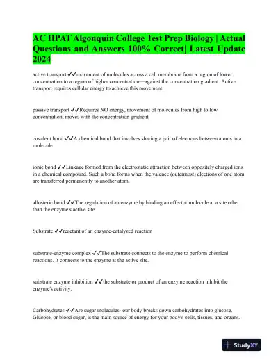 2024 HPAT Algonquin College Biology Practice Exam With Answers (31 Solved Questions) - Page 1 preview image