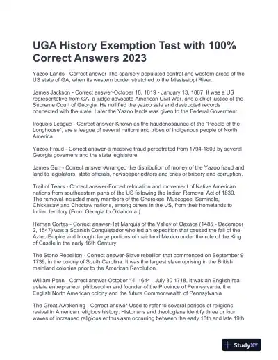 UGA History Exemption Test With Answers (394 Solved Questions) - Page 1 preview image