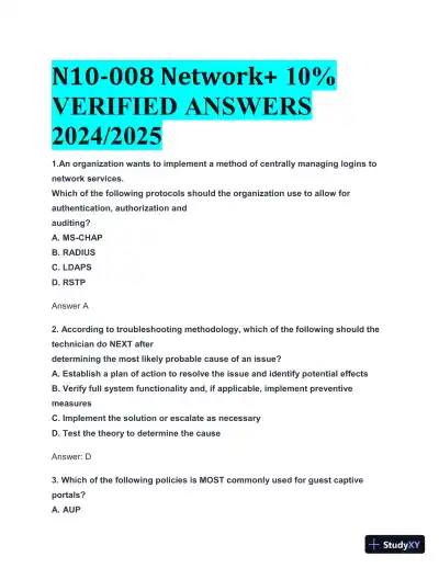 2024-2025 N10-008 Network+ Practice Exam with Answers (131 Solved Questions) - Page 1 preview image