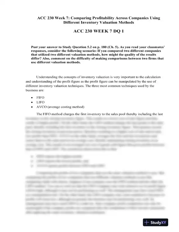 ACC 230 Week 7: Comparing Profitability Across Companies Using Different Inventory Valuation Methods - Page 1 preview image