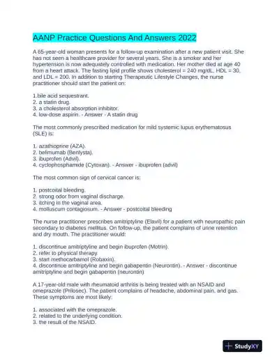 2022 AANP Nursing Diagnosis Practice Exam With Answers (75 Solved Questions) - Page 1 preview image