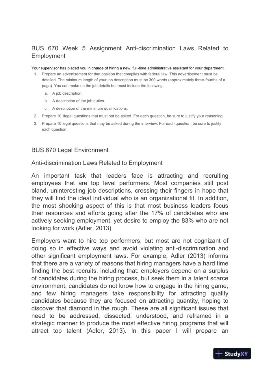 BUS 670 Anti-Discrimination Laws and Best Practices in Hiring: A Comprehensive Approach, page 3