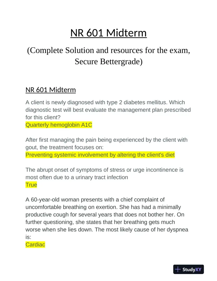 NR601 Nursing Midterm Exam With Answers (200 Solved Questions), page 3