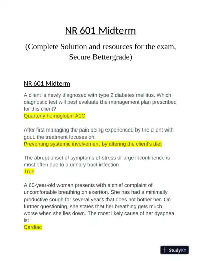 NR601 Nursing Midterm Exam With Answers (200 Solved Questions) - Page 3 preview image