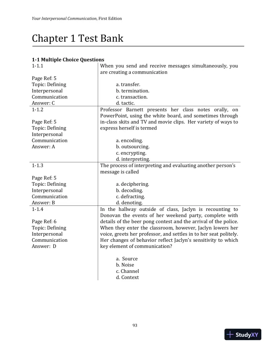 Test Bank for Your Interpersonal Communication , 1st Edition, page 3