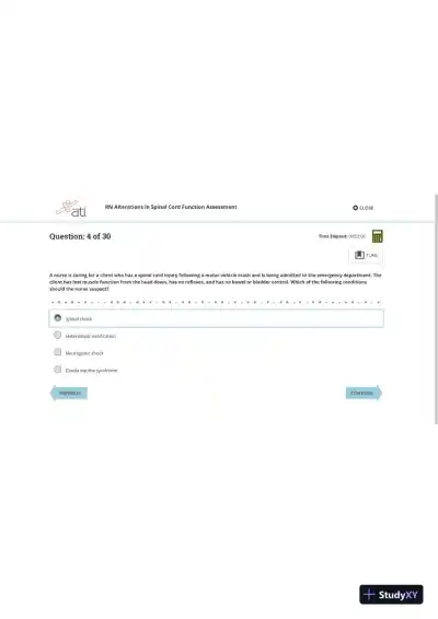 ATI RN Medical Surgical Alterations in Spinal Cord Function Assessment Practice Exam With Answers (30 Solved Questions) - Page 5 preview image