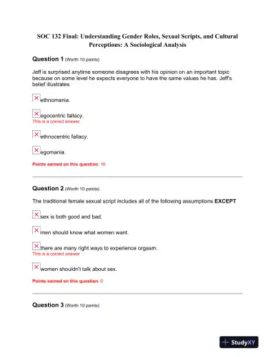 SOC 132 Final: Understanding Gender Roles, Sexual Scripts, and Cultural Perceptions: A Sociological Analysis - Page 1 preview image