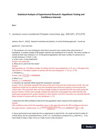 Statistical Analysis of Experimental Research: Hypothesis Testing and Confidence Intervals - Page 1 preview image