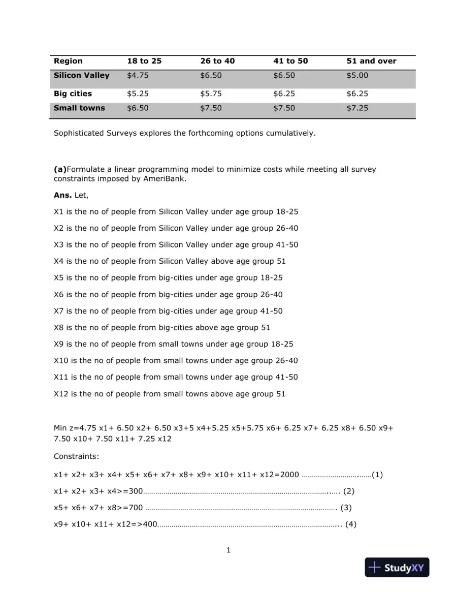 Linear Programming for Cost Minimization in Survey Sampling at AmeriBank, page 3