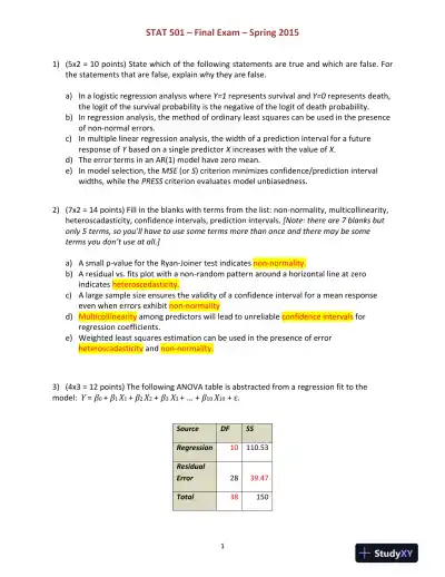 STAT 501 � Final Exam � Spring 2015 - Page 1 preview image