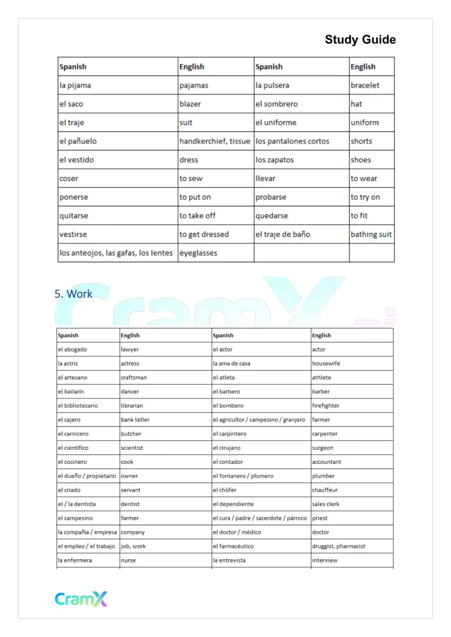 Spanish I - Thematic Vocabulary, page 8