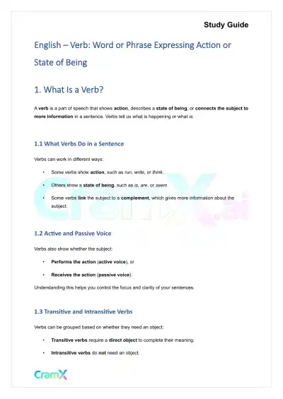 English - Verb Word or Phrase Expressing Action or - Page 1 preview image