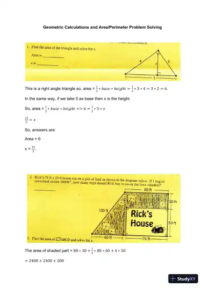 Geometric Calculations And Area/Perimeter Problem Solving - Page 1 preview image
