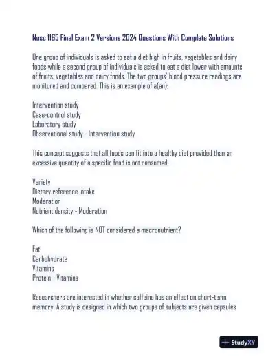 2024 NUSC1165 Nutrition Final Exam Versions With Answers (120 Solved Questions) - Page 1 preview image