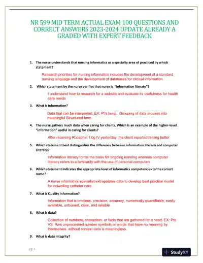 2023-2024 NR599 MIS Midterm Sample Exam With Answers (85 Solved Questions) - Page 1 preview image