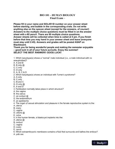 BIO 101 � Human Biology Final Exam - Page 1 preview image