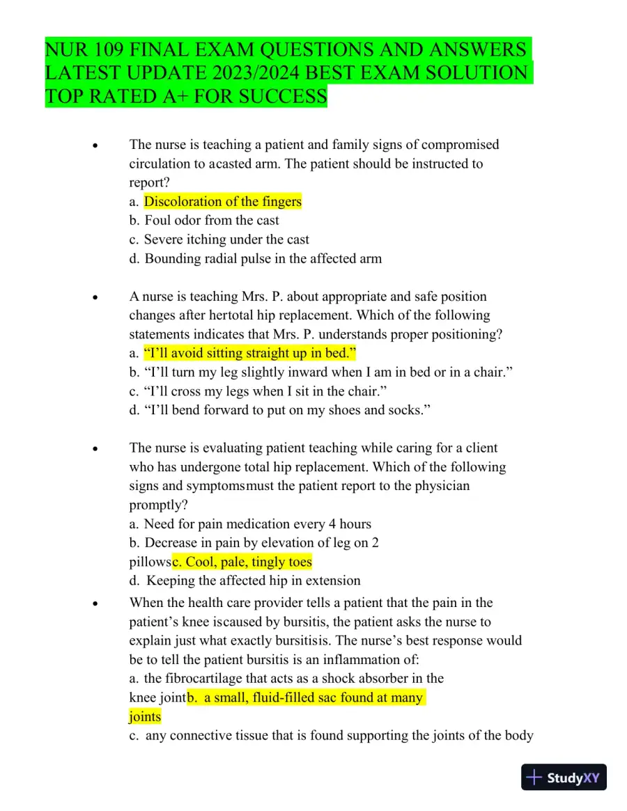 2023-2024 NUR109 Final Exam with Answers (150 Solved Questions), page 11