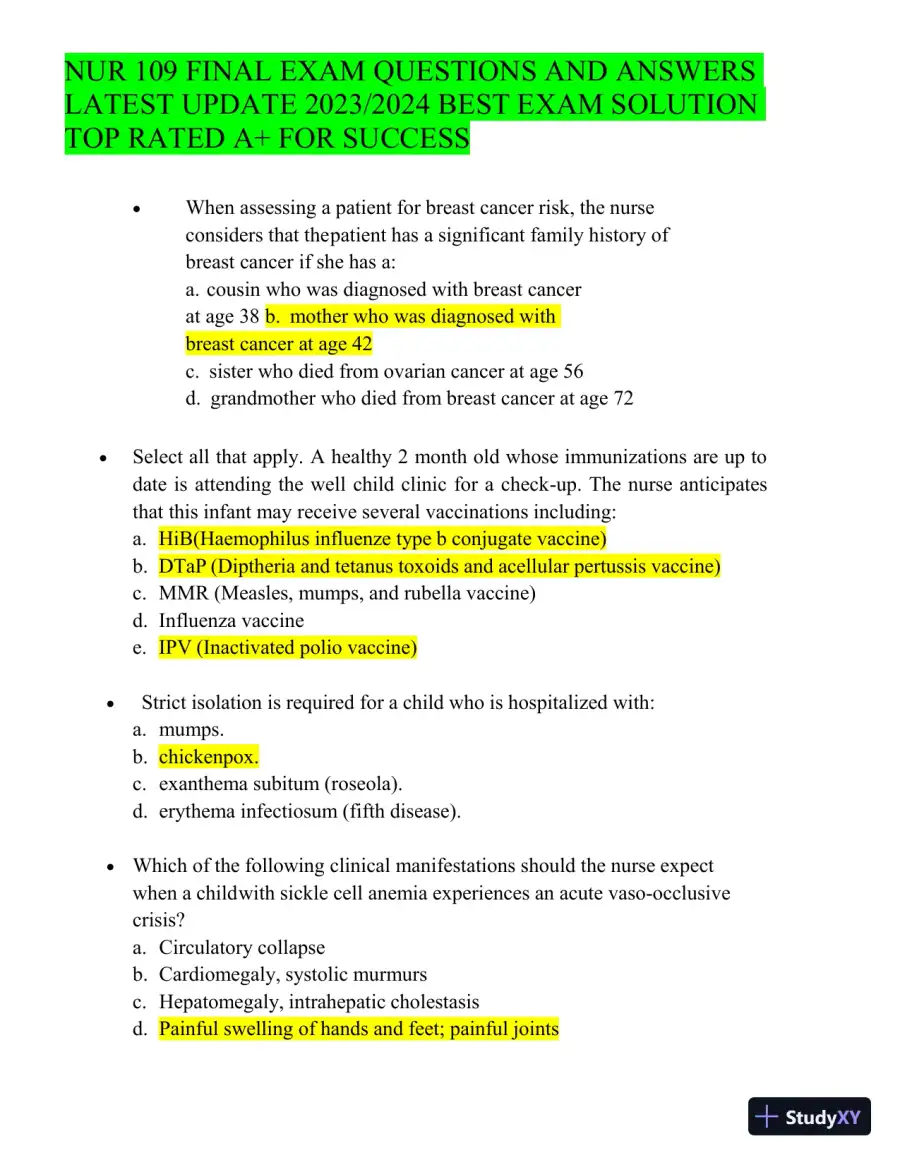 2023-2024 NUR109 Final Exam with Answers (150 Solved Questions), page 16
