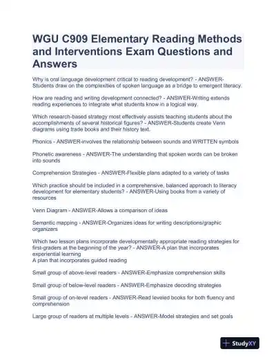 WGU C909 Elementary Reading Methods and Interventions Practice Exam With Answers (40 Solved Questions) - Page 1 preview image