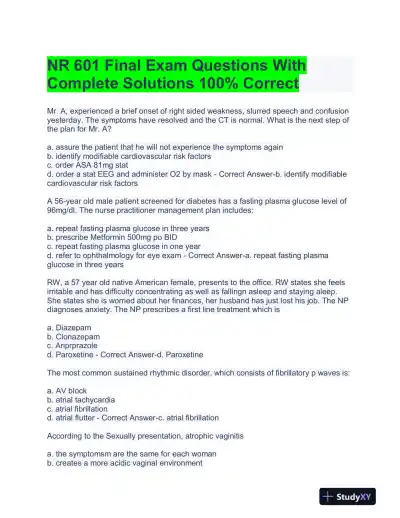 NR601 Nursing Final Exam With Answers (103 Solved Questions) - Page 1 preview image