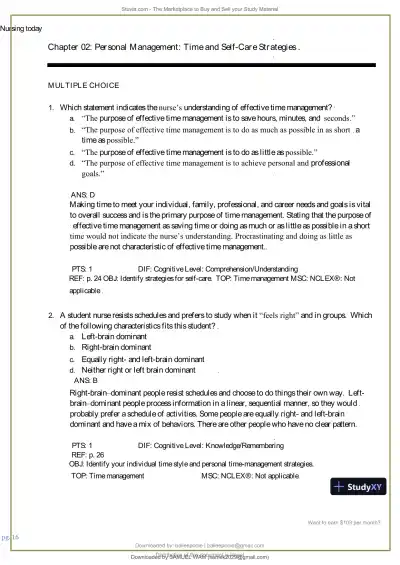 Test Bank for Nursing Today: Transition and Trends, 10th Edition (Chapters 1-26) - Page 17 preview image