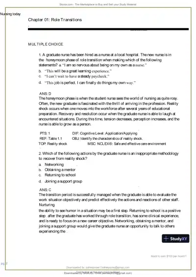 Test Bank for Nursing Today: Transition and Trends, 10th Edition (Chapters 1-26) - Page 3 preview image