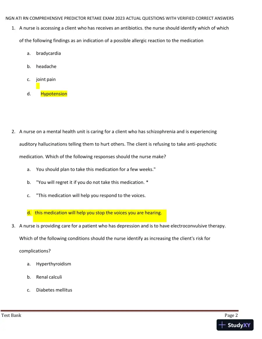 2023 NGN ATI RN Comprehensive Predictor Retake Exam with Answers (177 Solved Questions), page 3