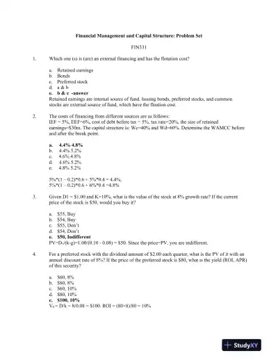 FIN331 Financial Management and Capital Structure: Problem Set - Page 1 preview image