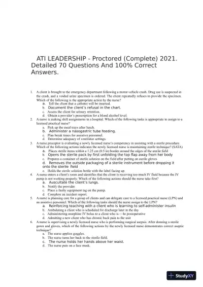 2021 ATI Leadership Proctored Exam with Answers (374 Solved Questions) - Page 3 preview image