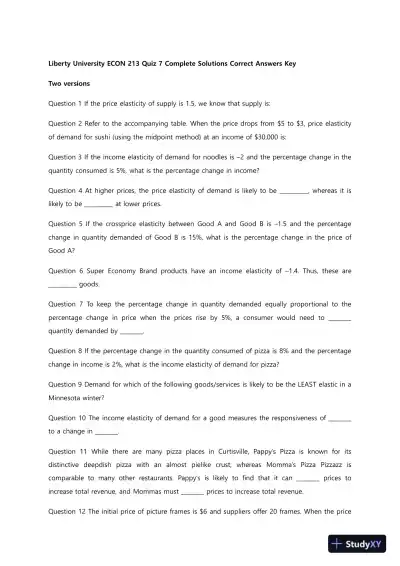 Liberty University ECON 213 Quiz 7 Complete Solutions Correct Answers Key - Page 1 preview image