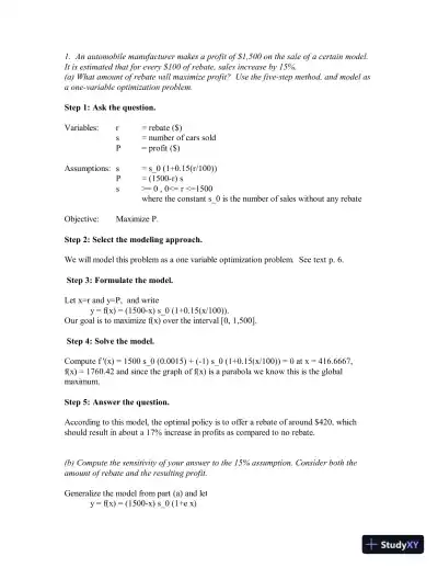 Solution Manual for Mathematical Modeling, 4th Edition - Page 1 preview image