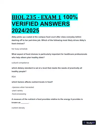 2024-2025 BIOL235 Nutrition Practice Exam with Answers (38 Solved Questions) - Page 1 preview image