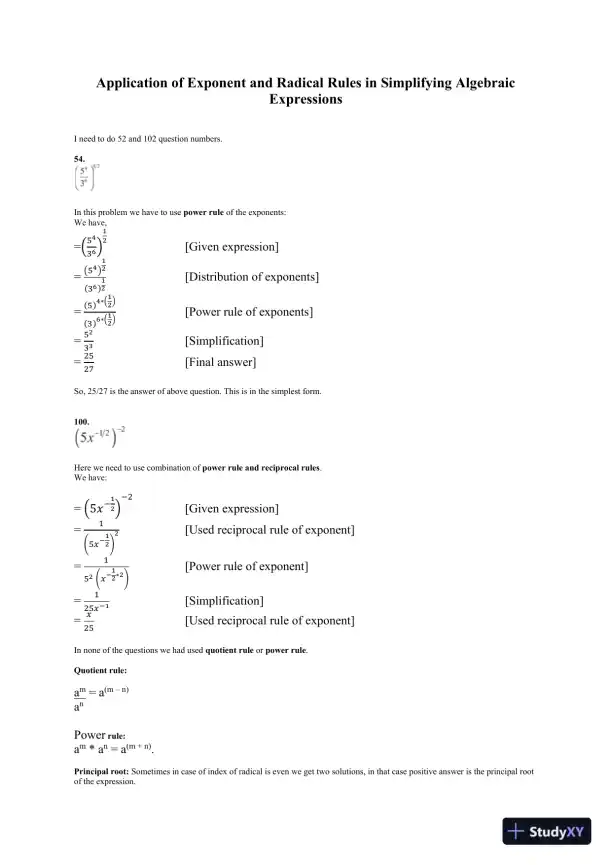 Application Of Exponent And Radical Rules In Simplifying Algebraic Expressions - Page 1 preview image