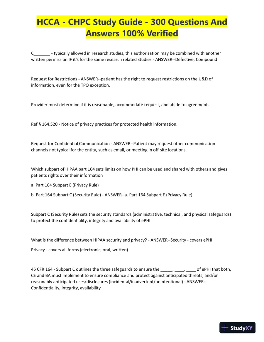 HCCA - CHPC Study Guide with Answers (300 Solved Questions), page 20